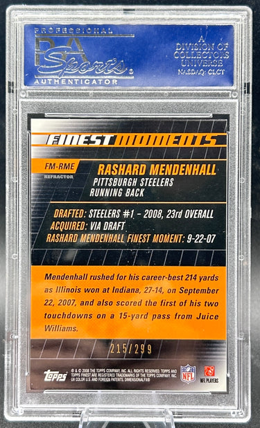 2008 Finest Moments Rashard Mendenhall #FMRME Blue Refractor PSA Gem Mint 10 215/299
