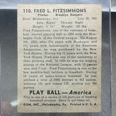 1939 Fred L. Fitzsimmons Brooklyn Dodgers Play Ball #110 Baseball Card (308254)