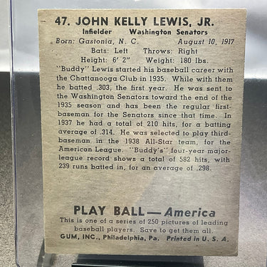 1939 John Kelly "Buddy" Lewis Jr. Washington Senators Play Ball #47 Baseball Card (308262)